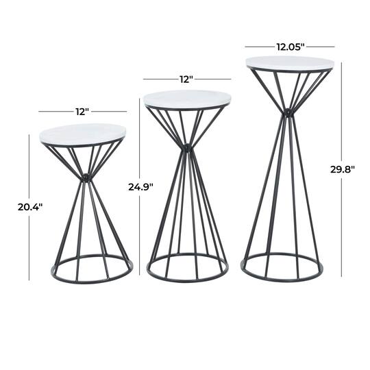Black Metal Geometric Cone Shaped Rod Plant Stand with Marble Tabletop Set